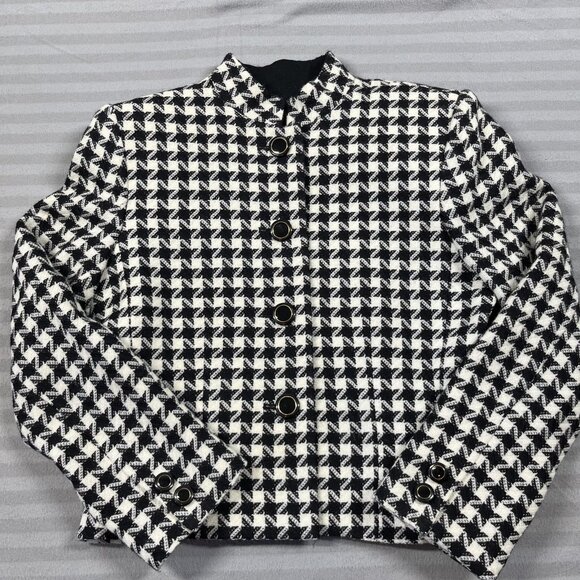 Kasper A.S.L. Blazer Womens 4 Black White Wool Houndstooth Stand Collar Cropped - Picture 1 of 10
